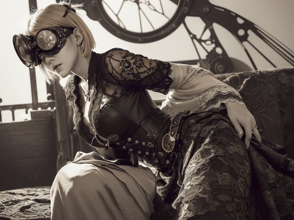16K, RAW Photos, Highest quality, High resolution, Absurd), High resolutionRAWカラー写真, Professional photography, Paper Cut, (Layered silhouette:1.2), Complex patterns, Delicate craftsmanship, Shadow play, Depth and Dimension, Creative Expression, (Realistic, Photorealistic:1.37), (1 person, Locomotive background), Toned Up, Cinematic Light, bloom, burn, (Detailed painted face:1.2), (masterpiece:1.5), ((Highest quality, 8k, Tabletop: 1.3)), sharp: 1.2, Perfect Body Beauty: 1.4, Slim Abs: 1.2, ((Hair Blonde Short Hairstyles, Very large : 1.2)), (((steampunkの衣装を着て写真を撮る女性, steampunkな衣装を着て, steampunkファンタジー style, (steampunk), ( steampunk ), steampunkの美しい女神, steampunkな美しいリアルな女性, steampunk Girl, steampunk style, steampunkファンタジー, steampunk, steampunkな発明家の, ゴールデンsteampunk, steampunkの世界を舞台にした, 鮮やかなsteampunkのコンセプト,Monochrome))), Highly detailed face and skin texture, Detailed eyes, double eyelid, Long brown hair, (Exposing her ass)((V long skirt)),((goggles,Wearing lace))