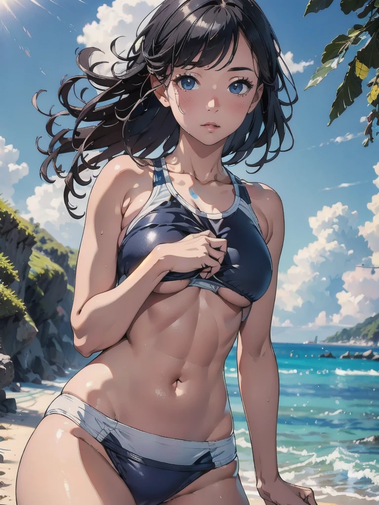 (8k, RAW Photos, Highest quality, masterpiece: 1.2), (Realistic: 1.37)、Photorealistic perfect body 、(solo:1.2), Beach, School Swimsuit .50mm lens、Beautiful blue sky