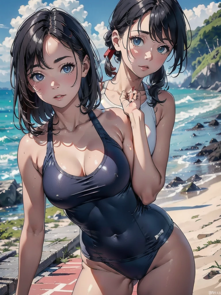 (8k, RAW Photos, Highest quality, masterpiece: 1.2), (Realistic: 1.37)、Photorealistic perfect body 、(solo:1.2), Beach, School Swimsuit .50mm lens、Beautiful blue sky