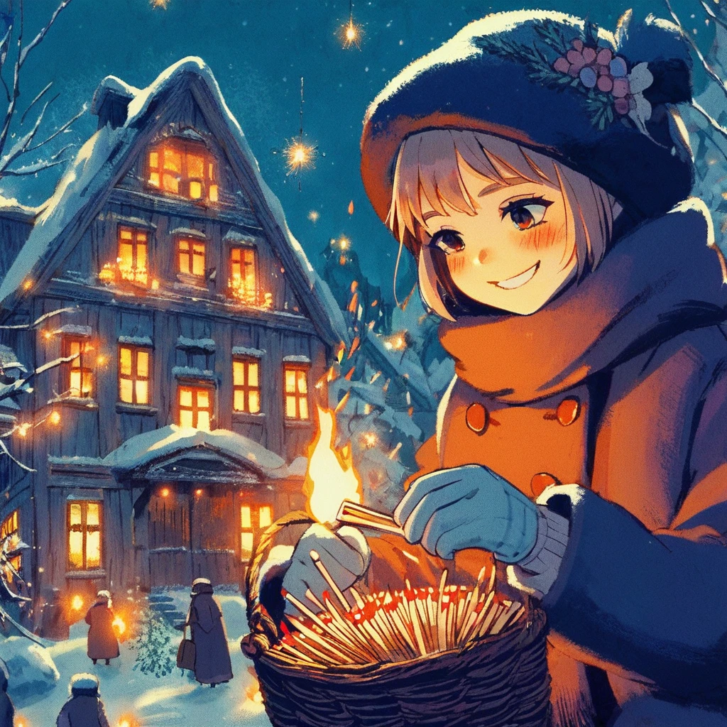 Bold brushstrokes, anime style illustration, midsummer night, crazy fun, movie lighting, 19th century, European winter night, burning house, the  match girl watching, she lights a match with a satisfied smile, she is wearing a coat and holding a basket of matchboxes in her arms.