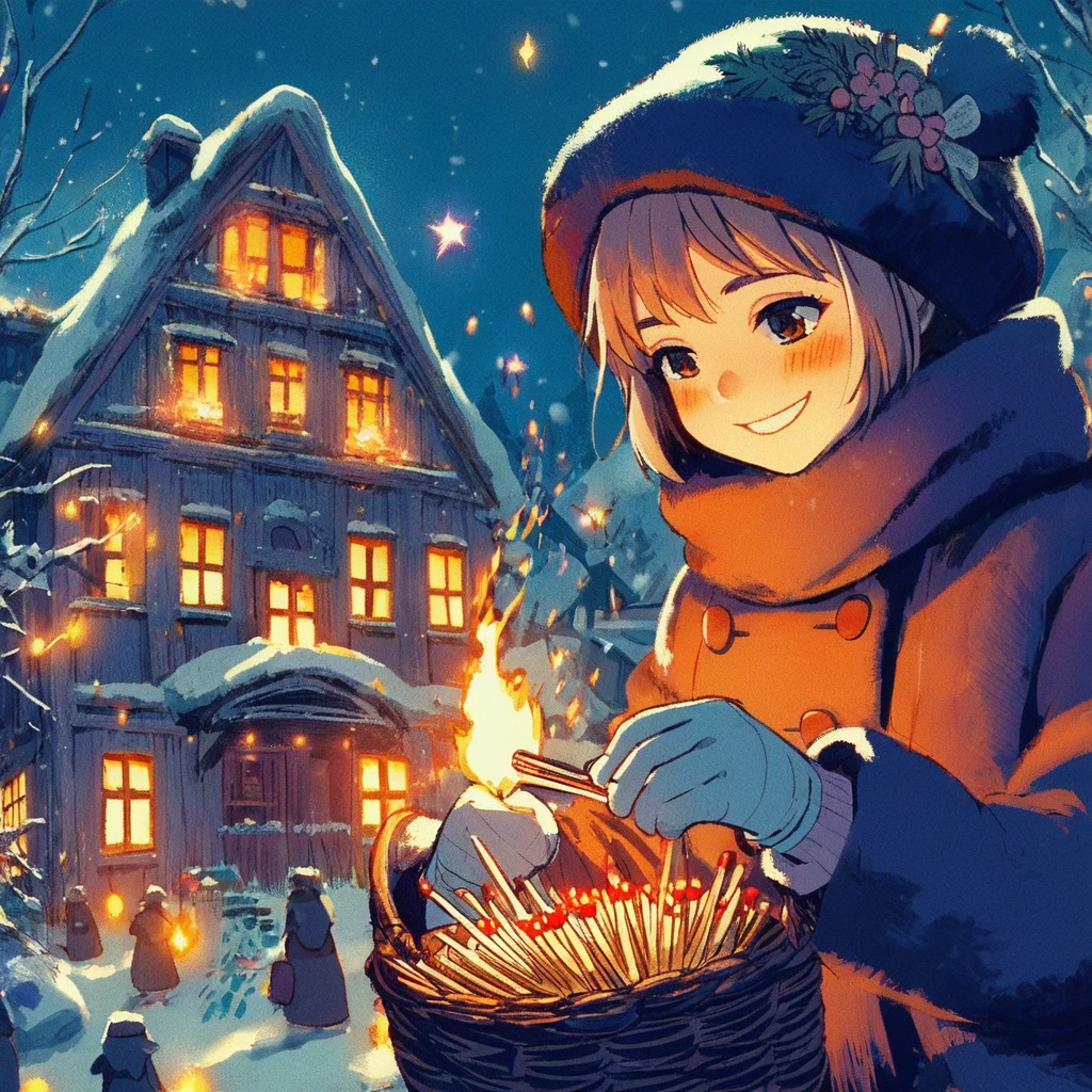 Bold brushstrokes, anime style illustration, midsummer night, crazy fun, movie lighting, 19th century, European winter night, burning house, the little match girl watching, she lights a match with a satisfied smile, she is wearing a coat and holding a basket of matchboxes in her arms.