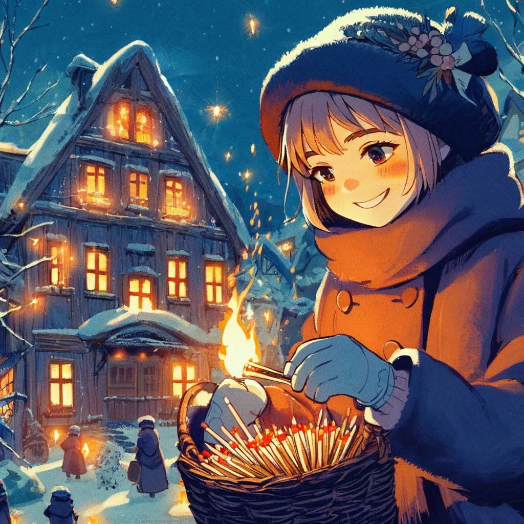 Bold brushstrokes, anime style illustration, midsummer night, crazy fun, movie lighting, 19th century, European winter night, burning house, the little match girl watching, she lights a match with a satisfied smile, she is wearing a coat and holding a basket of matchboxes in her arms.