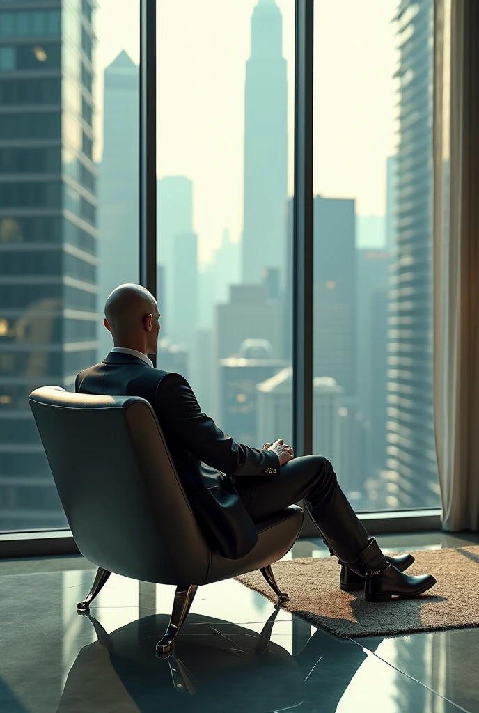 a skyscraper office in the big city, the cyborg man sits in a luxurious chair, heavy man boots, high quality, absurdres, masterpiece, beautiful, intricate details, 1/2 body crop, slim body, beautiful figure, magnificent anatomy, (intricate details:1.12), HDR, (intricate details, hyper-detailing:1.15), (natural skin textures, hyper realisitc, soft light, Sharp:1.2)