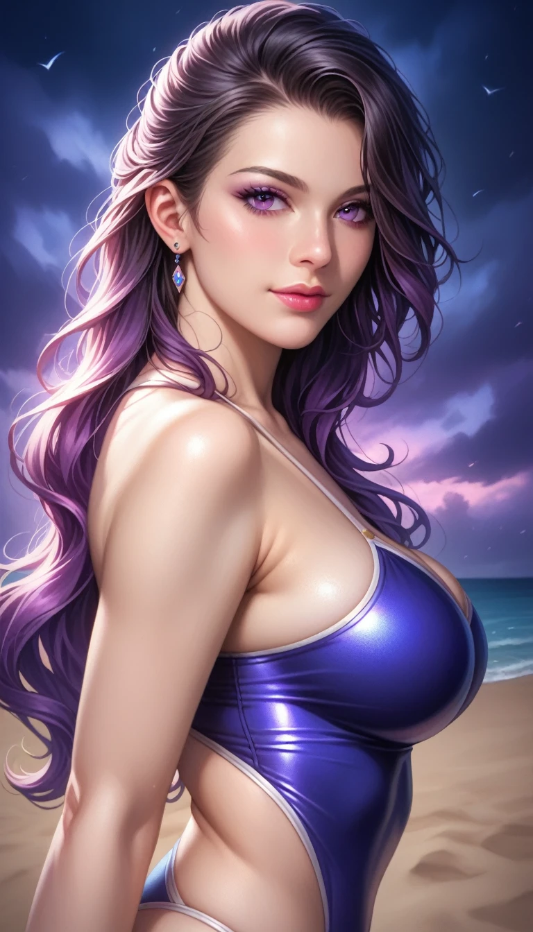 score_9, score_8_superior, score_7_superior, High-resolution CG illustration,A masterpiece in 32K resolution,Highest quality,it is really amazing,Very detailed,Ultra-high resolution,Ultra-realistic,Realistic,Increased depth of field,Cinematic lighting,
Elegant mature Japanese woman,
Straight long hair with black hair,Ultra-detailed and beautiful face,Calm and gentle look,Translucent white skin,Realistic skin texture,Great proportions,
High leg swimsuit,
Summery design,Chic color scheme,Beautiful and delicate decoration,Detailed fabric texture,
Dark skies before the storm,Dark clouds covering the dark sky,Thunderclouds rolling in,Coastline at night,Stormy seas,delay々A desolate sandy beach that continues,
Dramatic Angle,