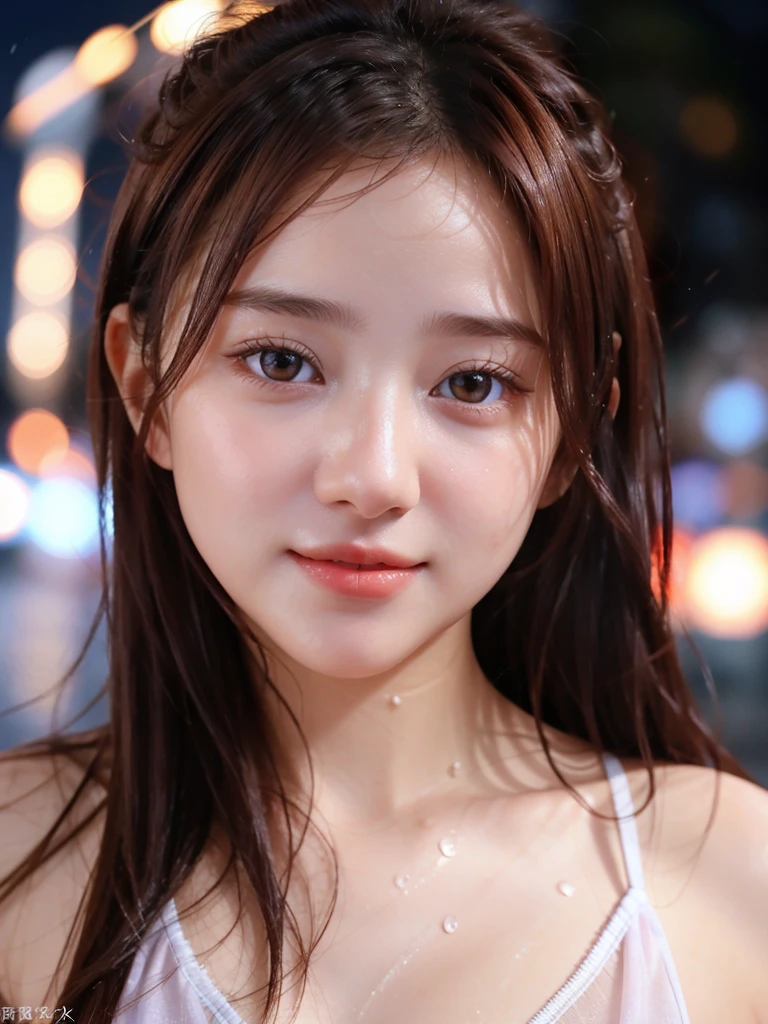 the quality of, masterpiece, ultra high resolution, Surrealism, ，pretty girl, luminescent, actual, masterpiece, high detail, 4K, , light, small smile, White skin、top quality,HD details， wet watermark， Ultra-detailed， soft light， Deep field focus bokeh， Ray tracing， diffusion （Ultra-fine glass reflection） Pictures of Sumet， masterpiece， best quality， delicate skin， 1 girl，bright face,nice nose，Reddish-brown hair，show the whole body,Toddler girl， Super detailed faces, delicate lips, delicate eyes, double eyelids, Eyes that look like sunshine，purple hair，damp，sexy，split，blush，Squint，Mouth slightly open，，rain，wet，night street，sexy的，，Chest 3:1