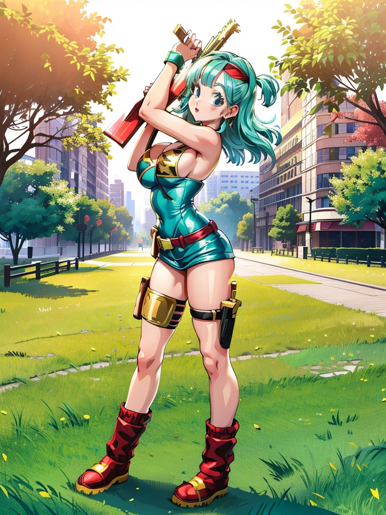 (masterpiece:1.2),( high quality:1.1), bulla,pout, long hair, straight hair,bangs, aqua hair, blue eyes, mascara, long lashes, hairband, red hairband, earrings, bodycon dress, sleeveless, city park, trees, grass, sunshine, blurry background,(looking at viewer, Bend forward:1.1),, huge breast,large breast,(beautifully lit:1.1),