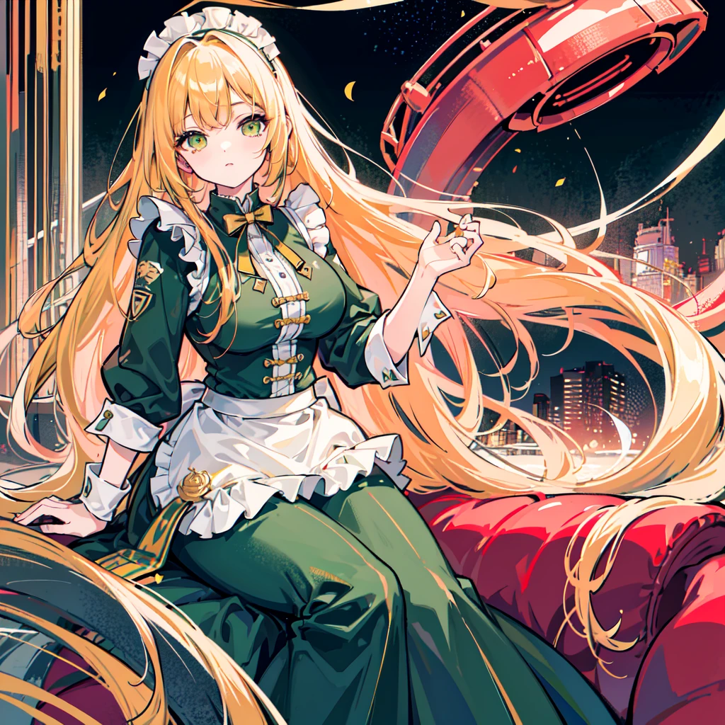 one woman, alone, ((big: 1.4)), ((high resolution)), ((Masterpiece)), ((best quality)), (very detailed)), big_File size, Full color, Detailed background, long yellow hair, Green Eyes, (eyeliner), About 40 years old, เป็นผู้big, maid, Maid outfit, red, sit, nighttime, rose