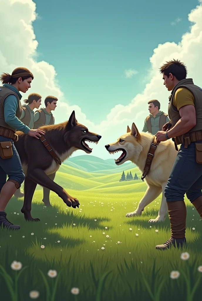 people vs dog face to face right and left side two group war in the field