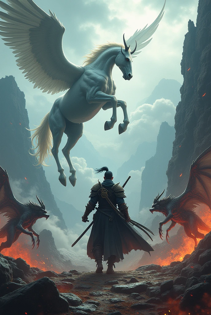 Landscape one man standing with katana and pagasus and slaughtering demons
