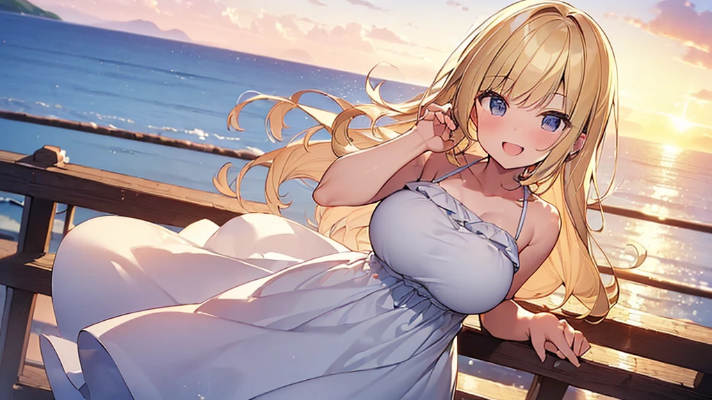 (Masterpiece, Top quality:1.5), (dynamic angle:1.2), (1 beautiful girl, solo:1.2), dynamic pose, (Blonde:1.3), medium Hair, wavy Hair, asymmetry bangs, swept bangs, airy hair, large breasts:1.2, 14 year old, (sundress:1.3), smile:1.3, blush, beautiful scene of seaside, magnificent panorama view, blurry background ,open mouth, sunset