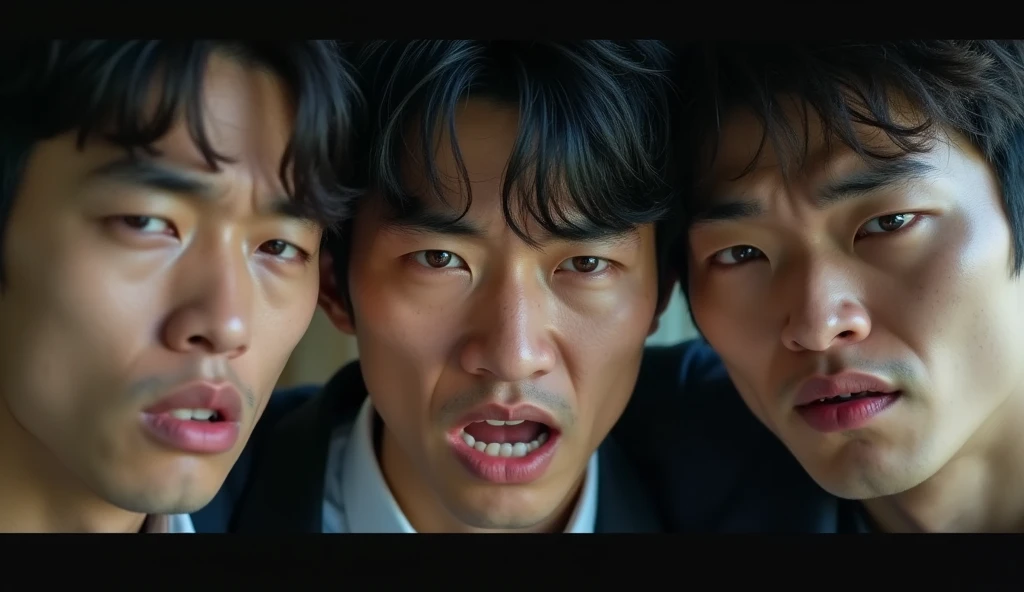 Three young Japanese men are angry,Excited, Photo of your face, Intense anger, With the room in the background, with a natural look, With a slightly tired look, tilt your face a little, Diagonal orientation, Average face