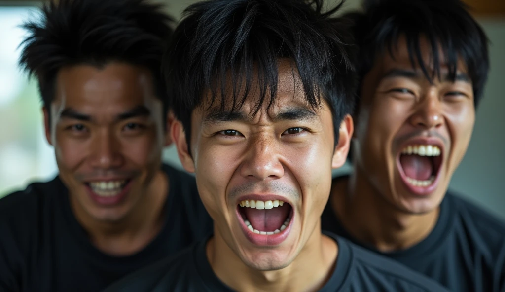 Three young Japanese men are angry,Excited, Photo of your face, Intense anger, With the room in the background, with a natural look, With a slightly tired look, tilt your face a little, Diagonal orientation, Average face