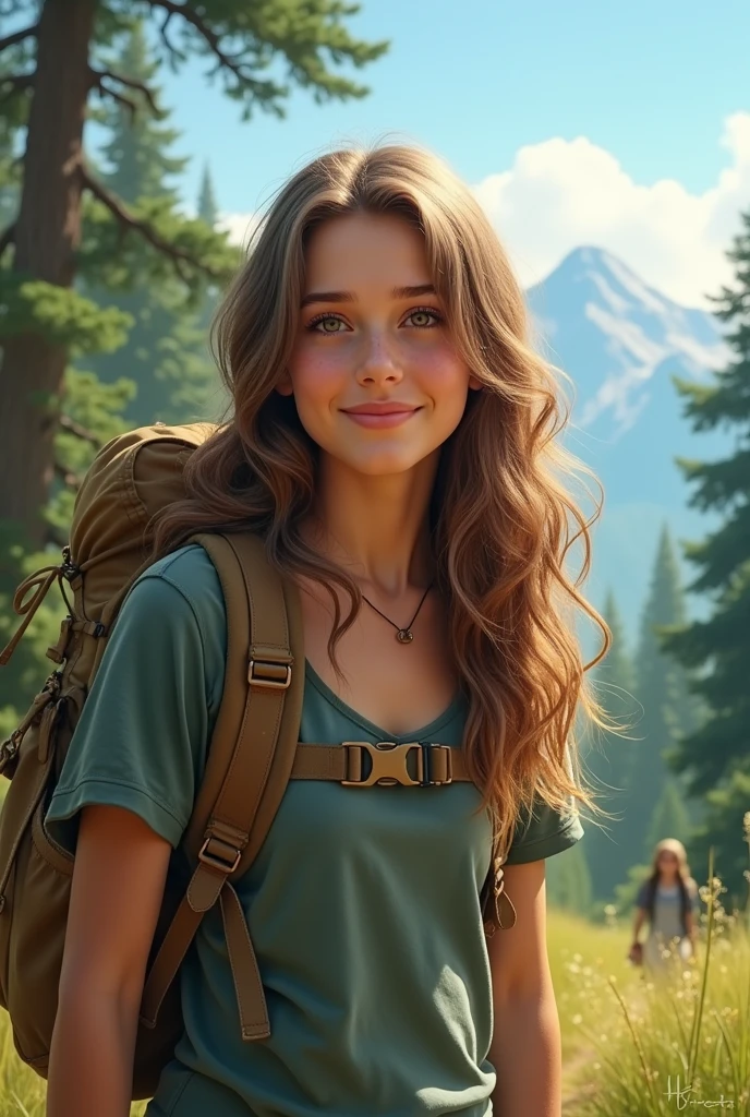 A woman with light brown hair and light brown eyes, holding a backpack