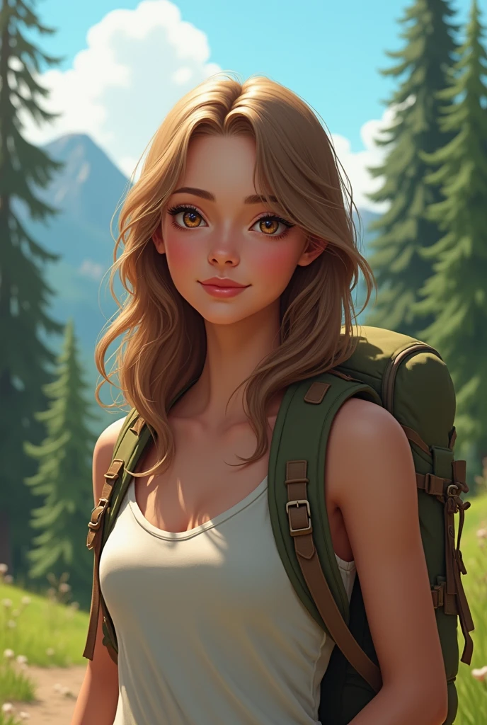 A woman with light brown hair and light brown eyes, holding a backpack