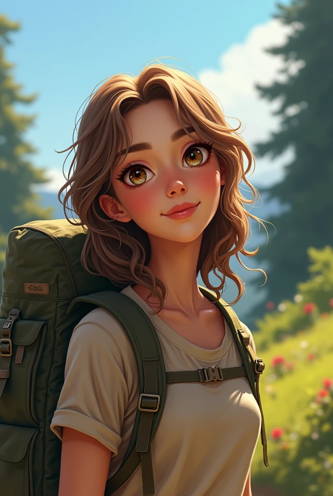 A woman with light brown hair and light brown eyes, holding a backpack