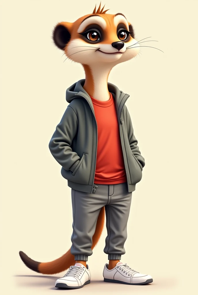 animated meerkat in grey jacket red t-shirt, gray pants and white shoes
other