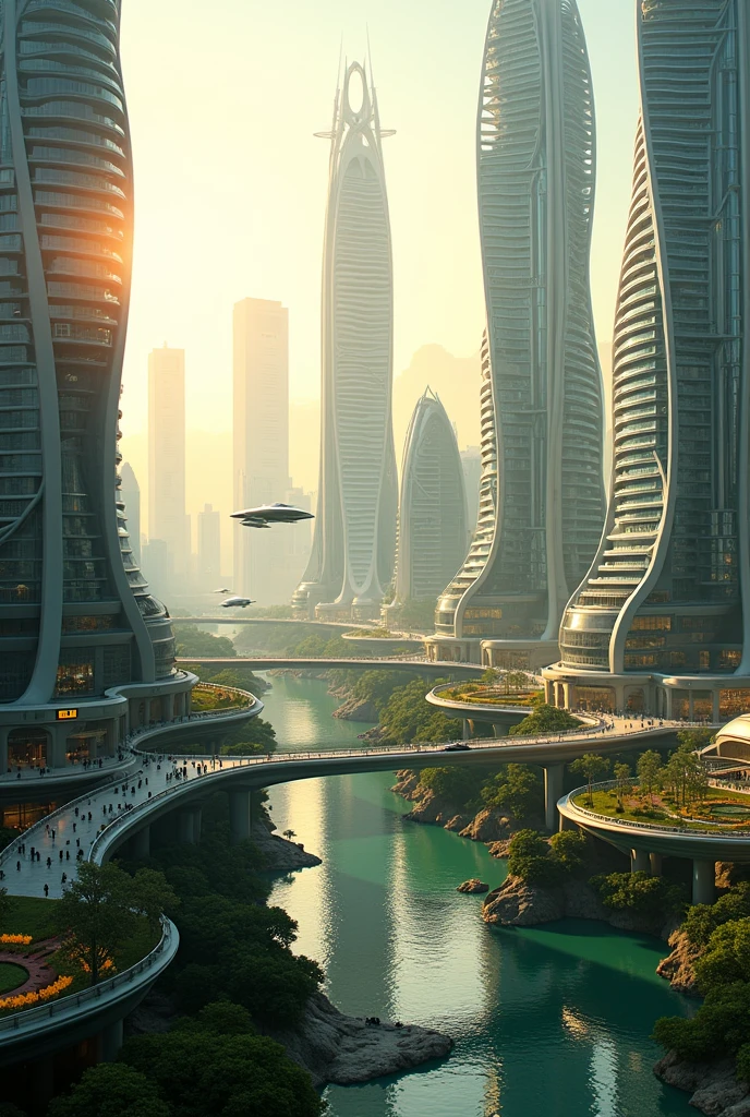 A futuristic cityscape of Ipoh, Malaysia in the year 2354. Towering skyscrapers with sleek, curved designs dominate the skyline, with advanced architecture that integrates greenery and sustainable technology. Hovering vehicles zip through the air along transparent roads, while pedestrian walkways are elevated and lined with digital billboards. The Kinta River is clean and vibrant, surrounded by floating parks and high-tech recreational areas. The backdrop includes a blend of natural limestone hills and futuristic urban development, with a crepuscular clouds casting a warm, golden hue over the city.8k image,hyper realistic.