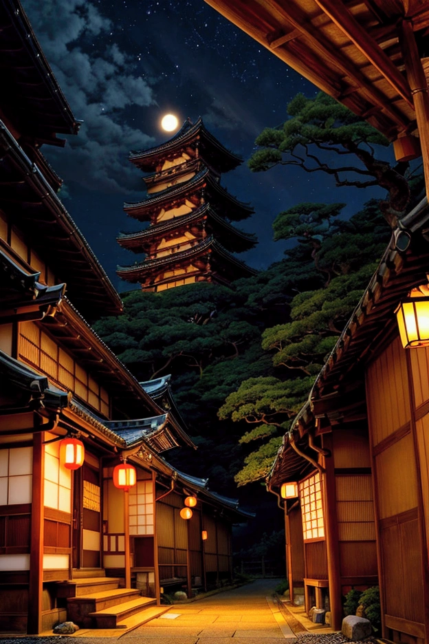 Japan countryside、countryside、Fantasy、summer night、4K quality、photograph、