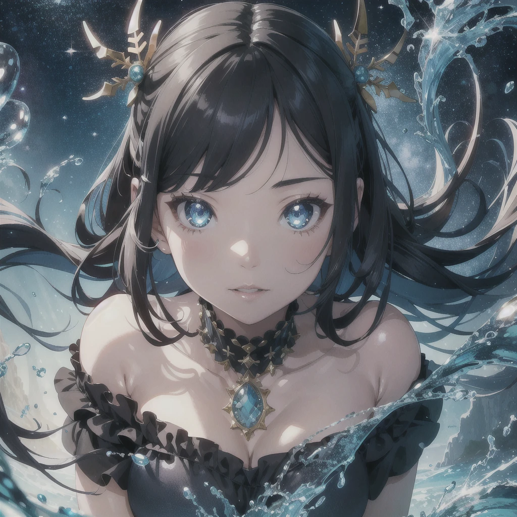 1girl, solo, mermaid, hidden cove, deep ocean hair, pearls and seaweed, aquamarine eyes, shell top, iridescent scales, coral reefs, bioluminescent fish, sparkling water, serene expression, ocean magic, fantasy setting, detailed art, soft glow, black gloves, detailed gloves, lips, shiny skin, shiny scales, expressive face, expressive eyes, anime screencap, intricate details, masterpiece, best quality, very aesthetic, absurdres, newest, detailed background, detailed face, detailed eyes, detailed scales, intricate, vivid colors, dynamic lighting 