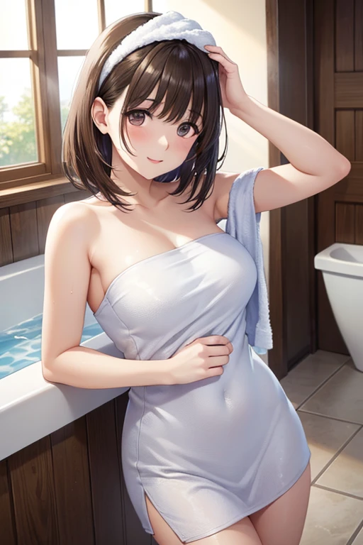 anegasaki nene、Shiny brown hair, short hair, (Beautiful brown eyes、Sparkling eyes, Fine grain)、smile、Ultra-detailed eyes、Highly detailed face, Highly detailed eyes,
(high quality, High resolution, The finer details),(masterpiece, 最high quality:1.3), (16K, High resolution:1.3), hot spring(20 meters square),20-year-old women,Bath towel on the head,walk