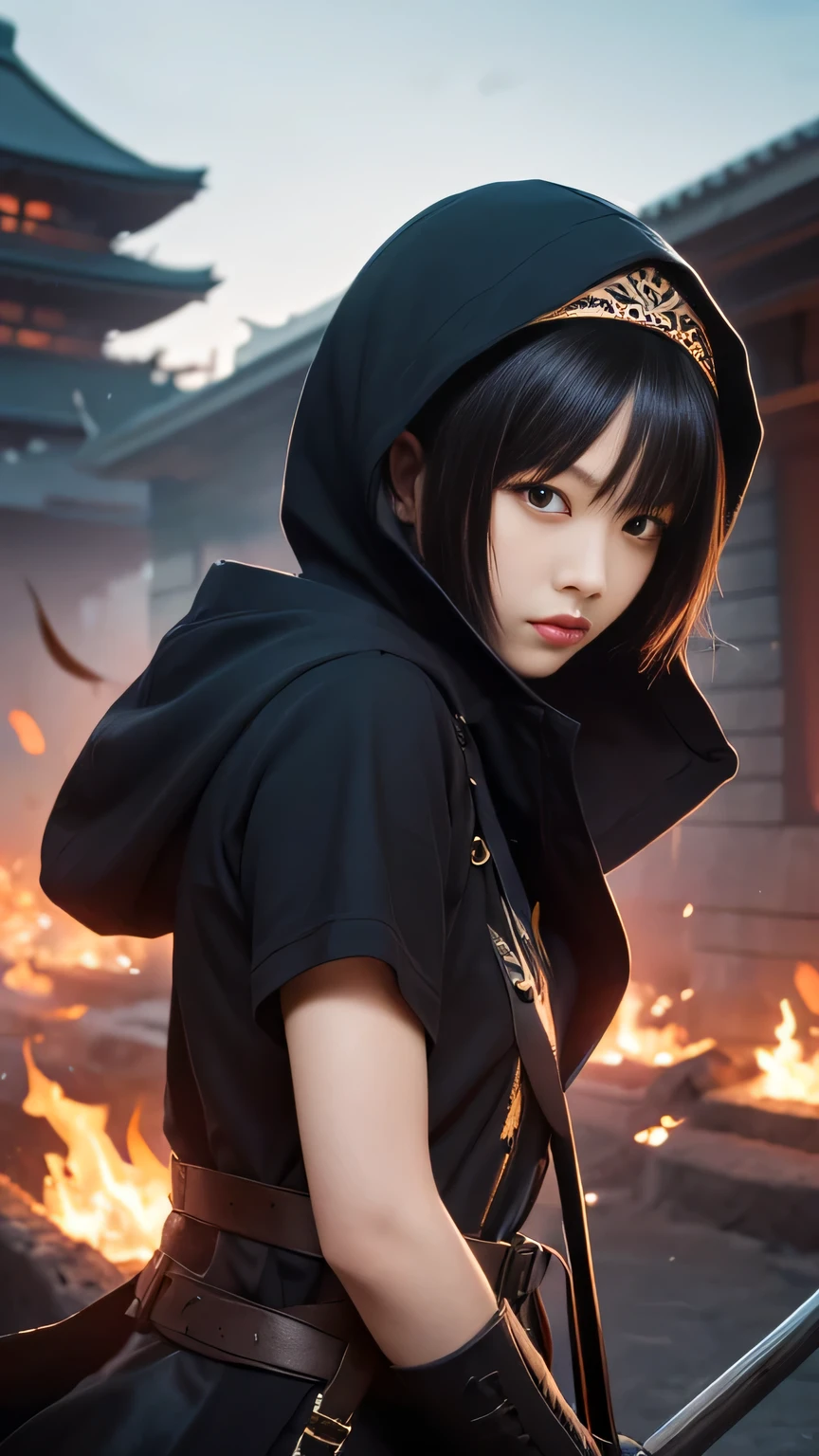 (Cute beautiful girl)()(Middle school students)(background)(Dragon)(Hooded)female, Holding a black sickle emblazoned with a symbol of Japan signifying death, Black flames emerge from the decoration., The sickle blade comes out of it.、A black wind blows with the ghost of a skull, Judy female with perfect face and scythe is wearing the appropriate outfit of scythe steel, The female has black hair, The woman is the incarnation of the Grim Reaper., (The background of the CG 8k module is very detailed) (Highest quality), (Best illustrations), (Best shade), Very detailed t--v6