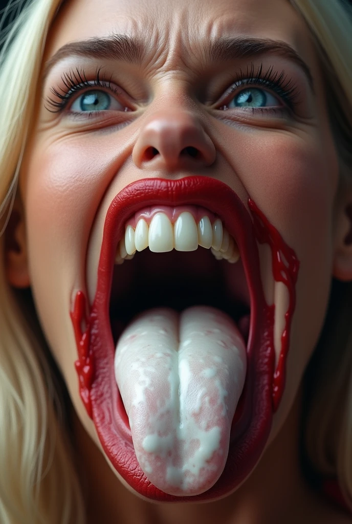 Supergirl opens her mouth wide showing you her uvula and super thick slimy meaty white Tongue