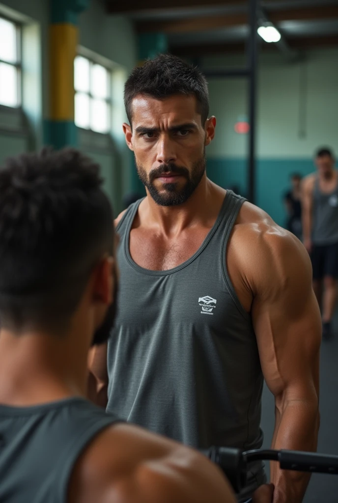 Brazilian man, short hair, whisker, correcting the execution of the exercise in the gym.