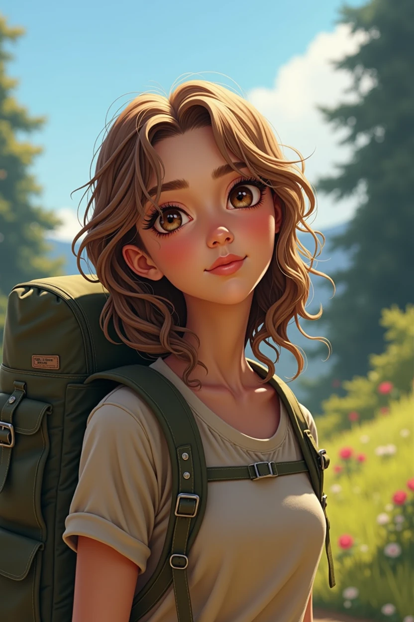 A woman with light brown hair and light brown eyes, holding a backpack 