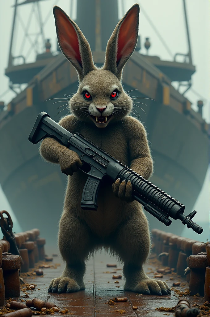 evil rabbit with a big gun on a huge boat 