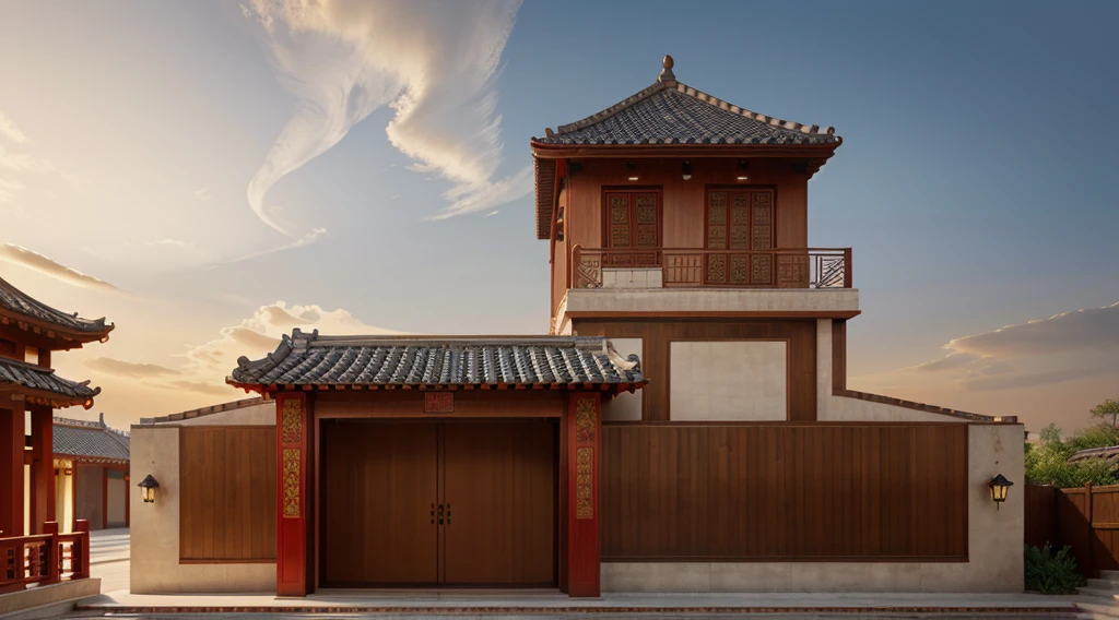 Chinese townhouse exterior, traditional design, curved roofs, ornate carvings, red and gold color scheme, pagoda-inspired architecture, wooden beams, decorative lanterns, intricate detailing, harmonious balance, cultural heritage, stone elements, trees, classical Chinese style, serene courtyard, realistic photo