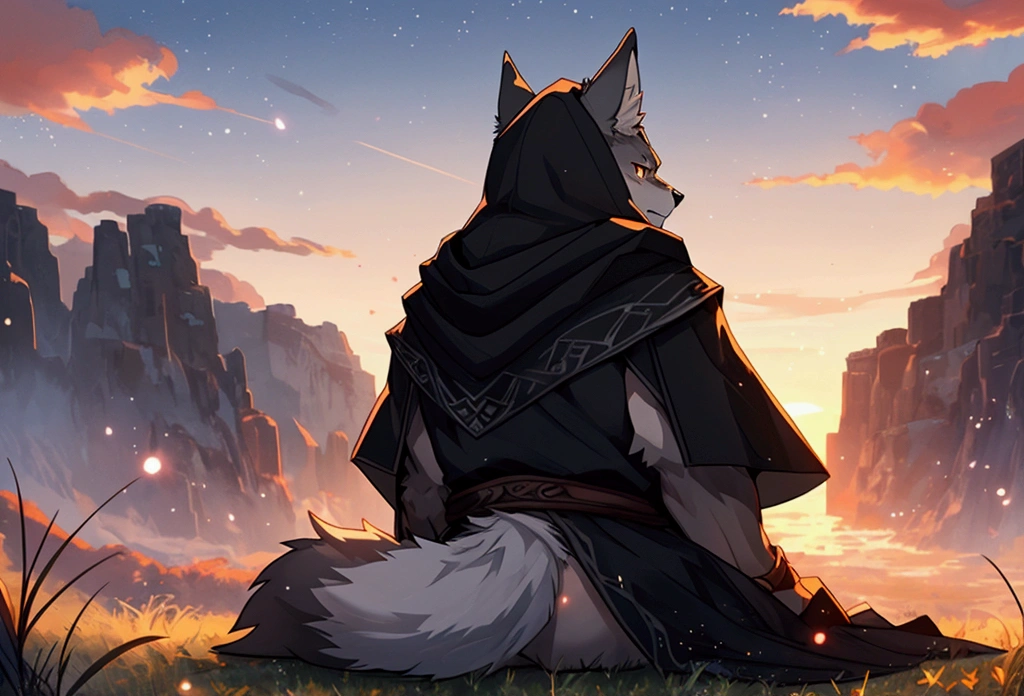 Gray wolf orcs,Black cape with hood。Sitting on the grass。Back to camera。Sunset。Sunset。Depth of Field, Perfect lighting, (Light Particles),(best quality),(masterpiece),(ultra de tailed),Clear focus,Light Particles
