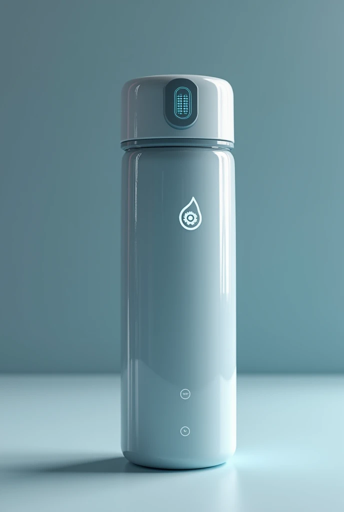 A sleek, modern bottle with a minimalistic design. The body of the bottle is semi-transparent. The bottle has a small digital display on the side that shows real-time data like hydration goals, water temperature, and a battery indicator. The cap could have a built-in sensor that tracks how much water has been consumed, with a subtle touchscreen interface. With visible designed logo of water droplet in white and blue color with gear inside. Showing all features clearly.