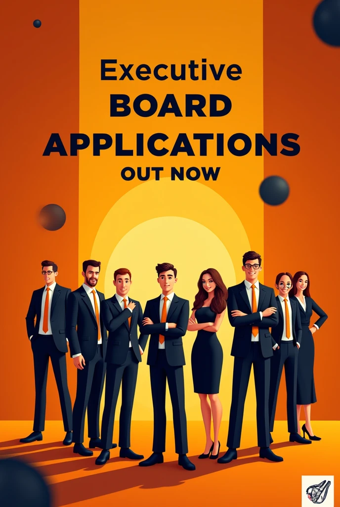 Create a template with orange and black background and write executive board applications out now with some animated humans in formal