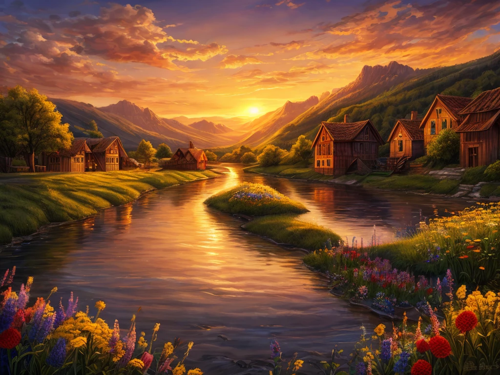 Photorealism, sunset, evening, warm summer, hyper-detailed, picturesque beautiful landscape, wildflowers, romantically depicted charming Russian village, traditional crafts, horse near the shore, river, golden haze