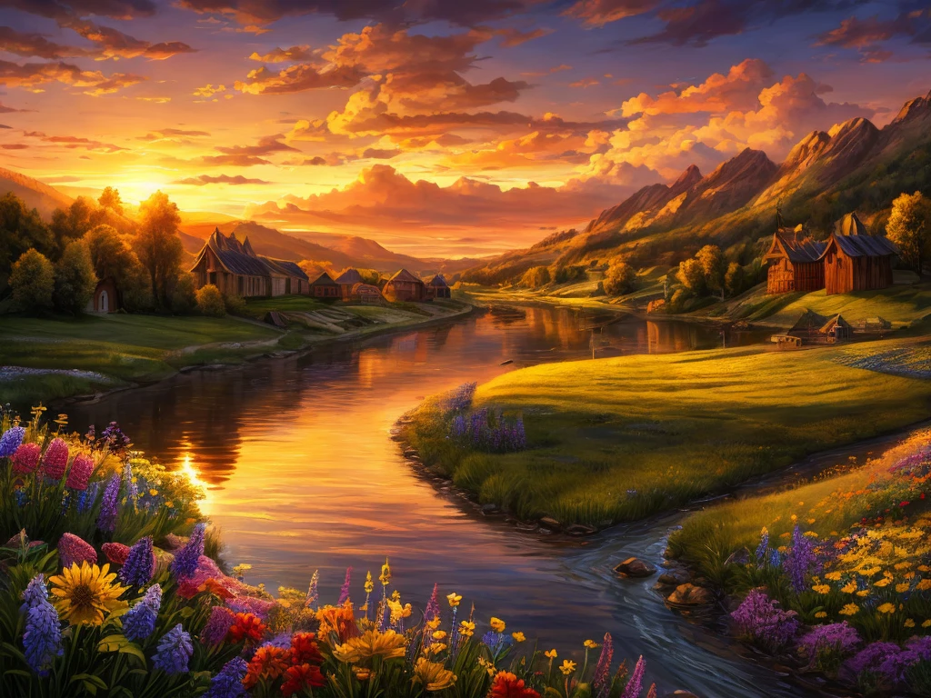 Photorealism, sunset, evening, warm summer, hyper-detailed, picturesque beautiful landscape, wildflowers, romantically depicted charming Russian village, traditional crafts, horse near the shore, river, golden haze