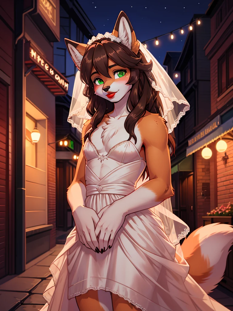 Best quality, furry male fox with green eyes, with brown long hair, with black spout, with red lipstick on lips, big lips, in a wedding dress, crossdressing, shy, bare chest, sexy pose, portrait, Against the background of the night street