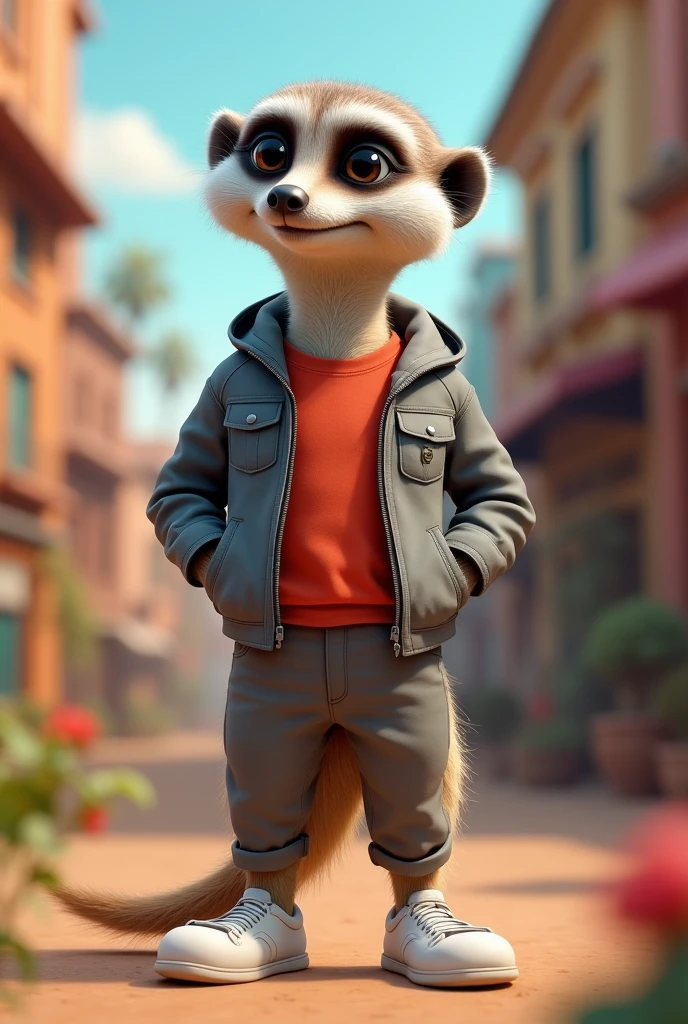 animated meerkat in grey jacket red t-shirt, gray pants and white shoes
other