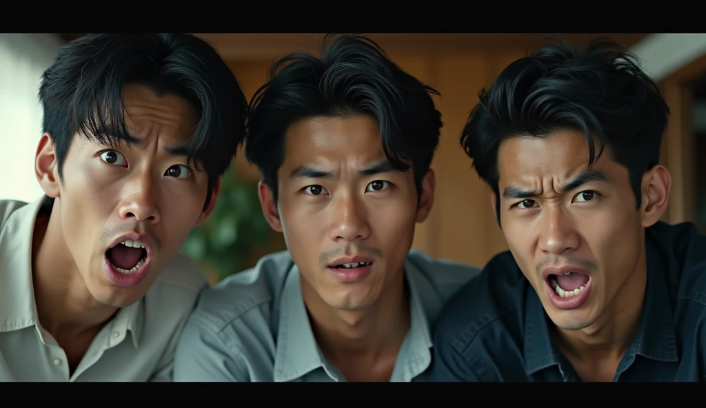 Three young Japanese men are angry,Excited, Photo of your face, Intense anger, With the room in the background, with a natural look, With a slightly tired look, tilt your face a little, Diagonal orientation, Average face