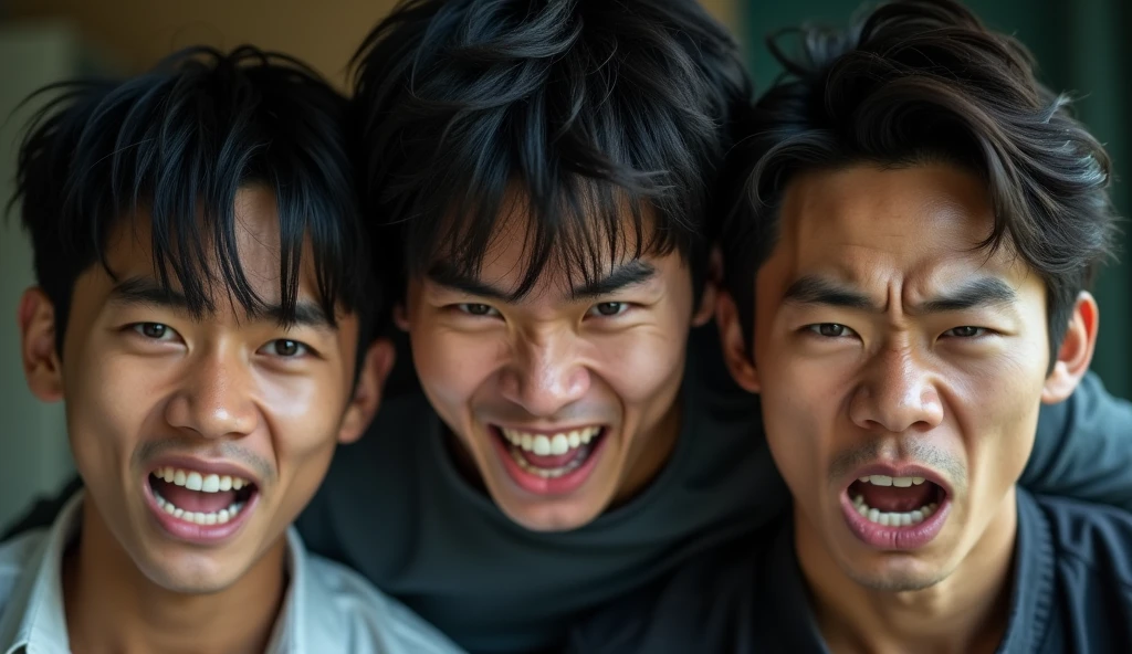 Three young Japanese men are angry,Excited, Photo of your face, Intense anger, With the room in the background, with a natural look, With a slightly tired look, tilt your face a little, Diagonal orientation, Average face