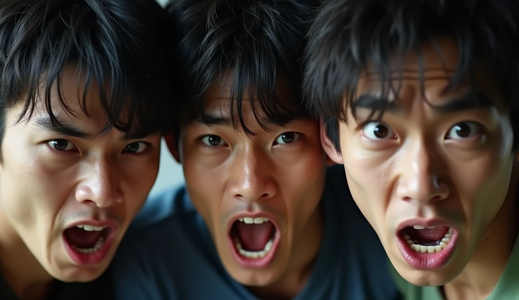 Three young Japanese men are angry,Excited, Photo of your face, Intense anger, With the room in the background, with a natural look, With a slightly tired look, tilt your face a little, Diagonal orientation, Average face