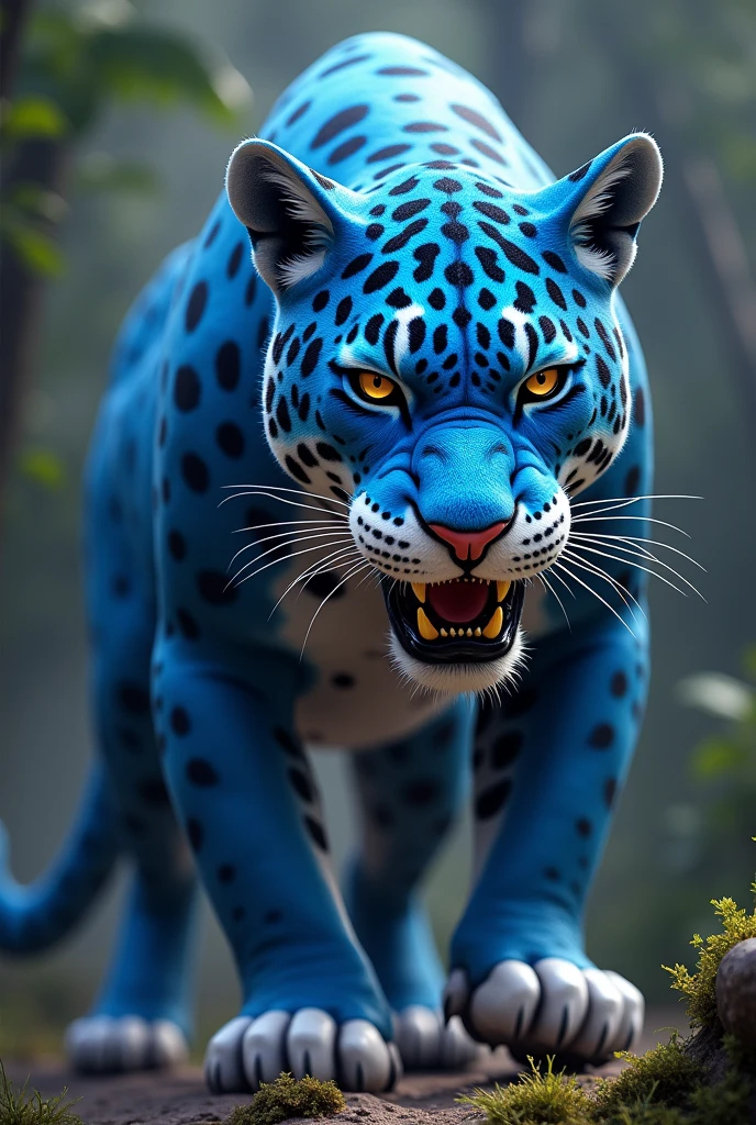 A blue and white jaguar, a little angry