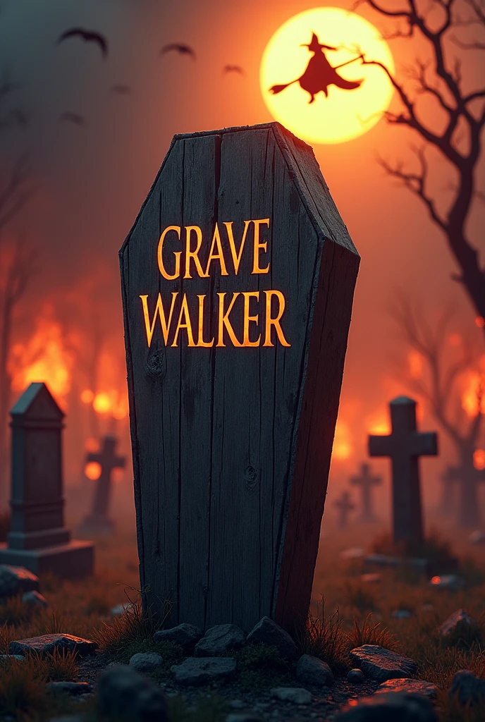 There is a horror title "Grave Walker" written on a wooden coffin. In the background all the grave yard is burning like a hell. There is night background and a small witch is flying on its broom in the sky infront of the moon. A realistic, 3D, aesthetic, horror, fantasy poster.