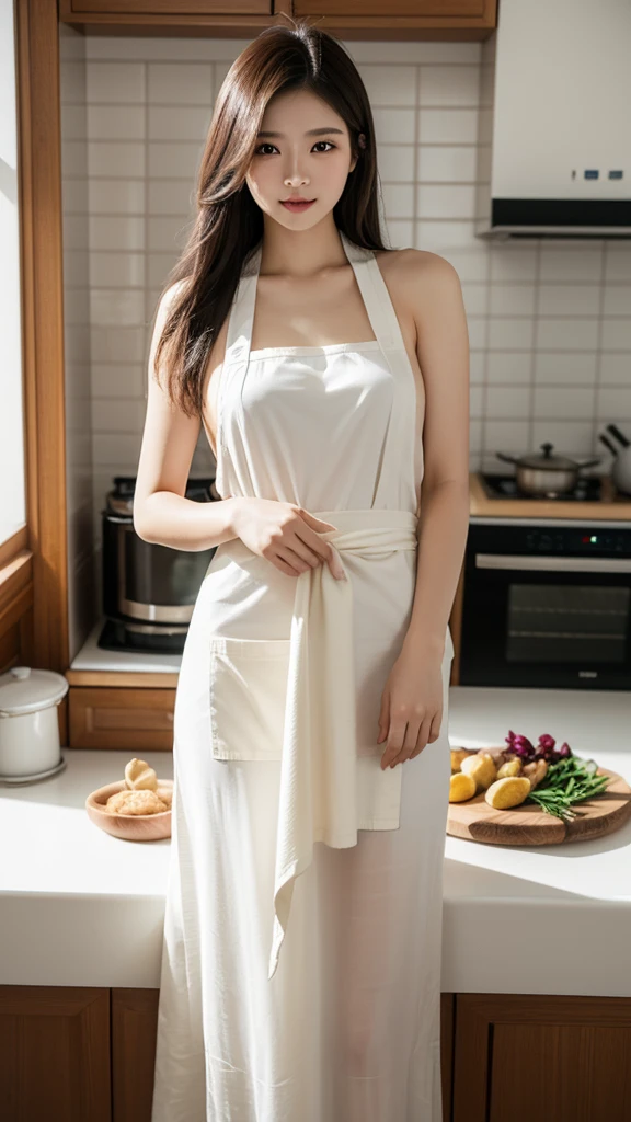 best quality,masterpiece,Ultra-high resolution,(photoactual:4:0),An oriental nine-tailed spirit fox woman.long hair shawl,Wear cool clothes,apron,Cooking in the kitchen