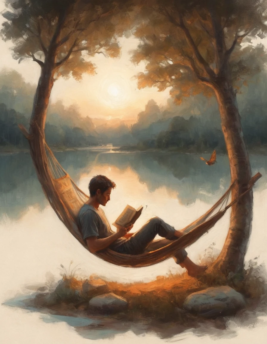 Hyperreal digital art style, "Fairytale", fantasy world coming out of centered book, open book, hyperdetailed double exposure fantasy illustration, masterpiece, cinematic, by Andreas Lie, Luke Gram, photorealism, backlit, gorgeous light, a man resting in a hammock reading a book