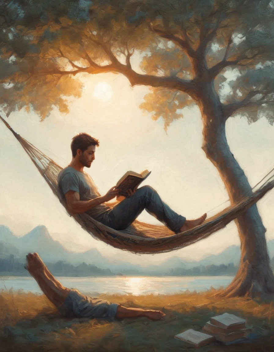 Hyperreal digital art style, "Fairytale", fantasy world coming out of centered book, open book, hyperdetailed double exposure fantasy illustration, masterpiece, cinematic, by Andreas Lie, Luke Gram, photorealism, backlit, gorgeous light, a man resting in a hammock reading a book