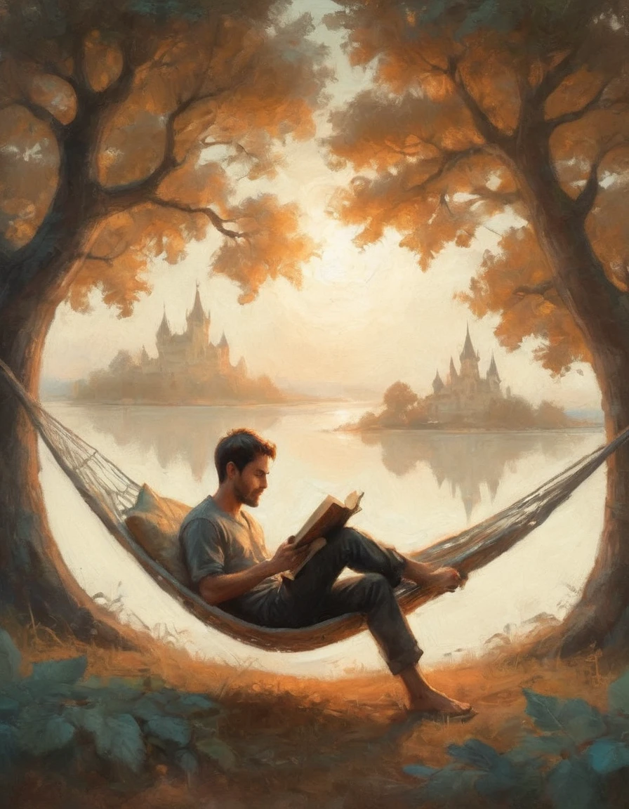 Hyperreal digital art style, "Fairytale", fantasy world coming out of centered book, open book, hyperdetailed double exposure fantasy illustration, masterpiece, cinematic, by Andreas Lie, Luke Gram, photorealism, backlit, gorgeous light, a man resting in a hammock reading a book
