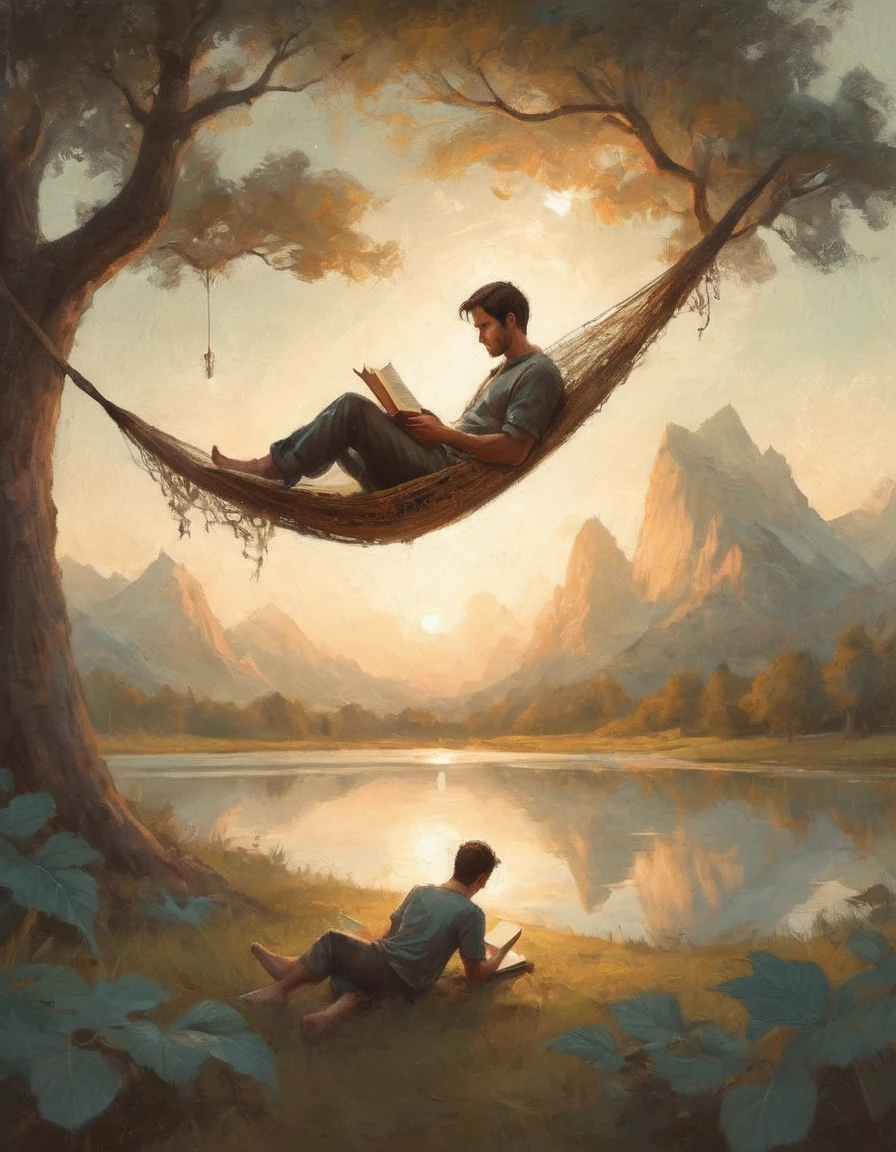 Hyperreal digital art style, "Fairytale", fantasy world coming out of centered book, open book, hyperdetailed double exposure fantasy illustration, masterpiece, cinematic, by Andreas Lie, Luke Gram, photorealism, backlit, gorgeous light, a man resting in a hammock reading a book
