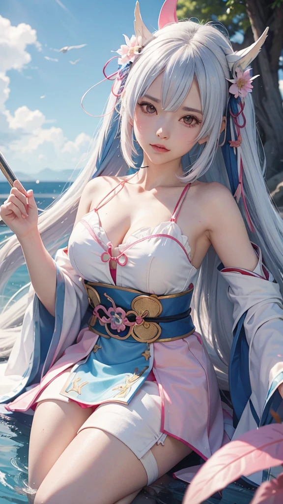 cute Anime girl with white hair and a pink dress holding two swords, Onmyoji portrait, onmyoji, The Detailed Art of the Onmyoji, Ayaka Genshin Impact, Azur Lane Style, Azur Lane Characters, Ayaka Games Genshin Impact, Katana Zero video game characters, From the Azur Lane video game, mika kurai demon, Official artwork