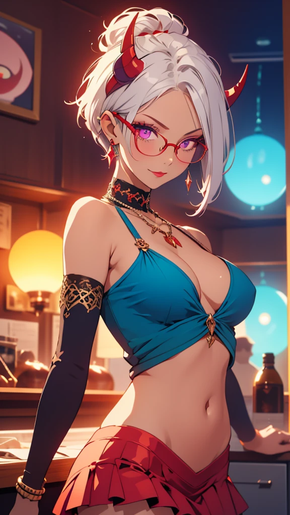 8k, masterpiece, best quality, highly detailed, 1 girl, tiefling, warlock, pixie cut, multicolored hair, very short straight hair red highlight hair on white hair, strippled hair, wearing glasses, round glasses, earrings, navel piercing, red eyeshadow, long eyelashes, blushed cheek, red lips, pearl necklace, rings, collarbone, mole on face, glamorous, teal and purple clothes, miniskirt, smirk, close up view, rings, looking at viewer, demon horns, solo, blood red moon, standing, royal dress, chains, firing fire blast