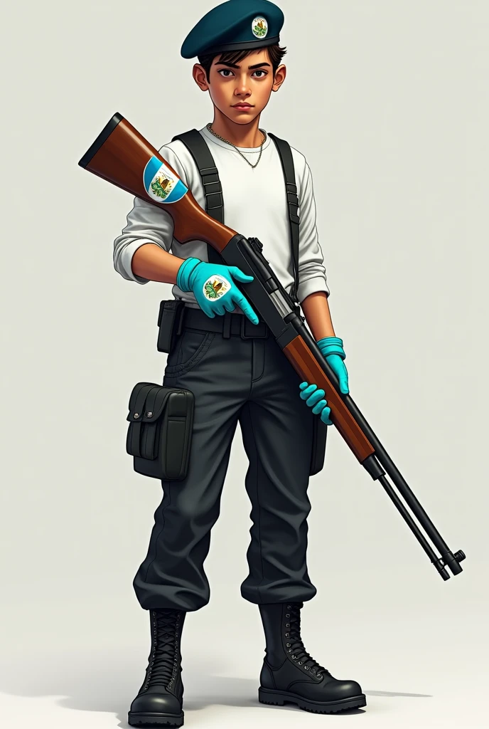 Boy with shotgun, white long sleeve shirt, black pants, black shoes, beret and gloves with turquoise blue and the coat of arms of Honduras